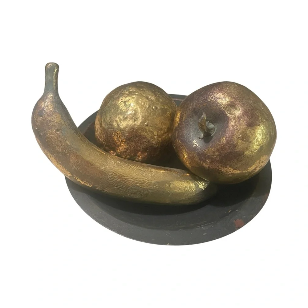 Vtg Gold Gilded Fruit Set Textured Apple Orange Banana Patina MCM Kitchen Decor - Picture 6 of 10